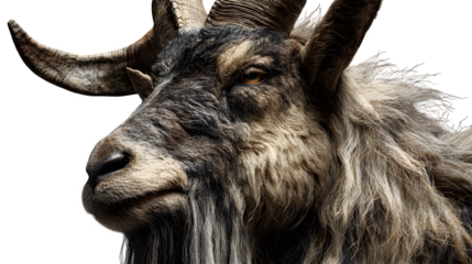 Majestic goat portrait capturing strength and wild beauty with impressive horns and intense gaze
