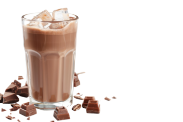 Iced chocolate drink with chocolate pieces, refreshing beverage