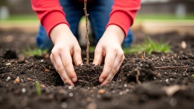 Child planting a young tree in rich soil, surrounded by greenery in a community garden setting