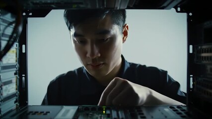 Technician Working on Server Rack in Data Center Closeup
