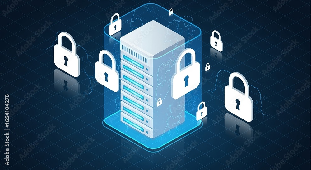 Poster futuristic server security and data protection concept with isometric server rack and glowing padloc