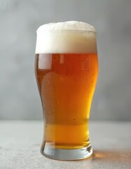 Tall glass of amber beer with creamy white foam head. Refreshing drink, liquid gold detail, condensation on glass. Perfect for pub, bar, or advertising quench thirst.