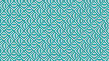 Turquoise and white seamless geometric pattern with concentric arcs and circles forming a wave-like design.