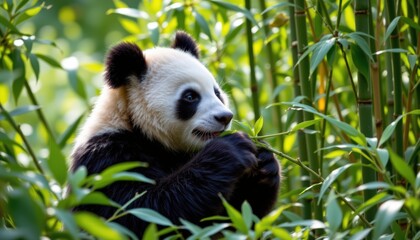 Fototapeta premium Serene panda photographed in a feeding pose in a bamboo grove with dense greenery and tranquil silen