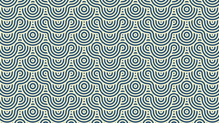 Navy blue and beige seamless geometric pattern with concentric arcs and circles forming a wave-like design.