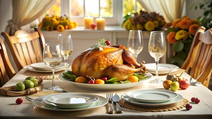 A beautifully set thanksgiving dinner table with a roasted turkey, wine glasses, and festive decorations creating a warm and inviting atmosphere for a holiday celebration