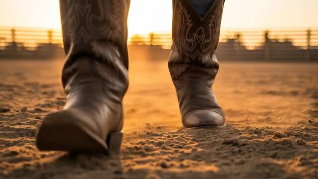 Close-up of cowboy boots walking through dusty ground at sunset, evoking a sense of adventure