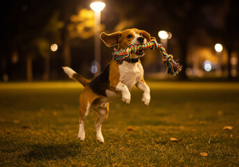 Joyful Beagles Mid-Air Leap with a Rope Toy Under Glowing Park Lights at Night.