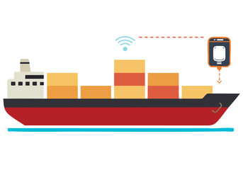 A stylized illustration depicts a cargo ship with temperature sensors connected via wireless technology. ?Backup Temp? highlights real-time monitoring. Modern, graphic design. © Vector Factory