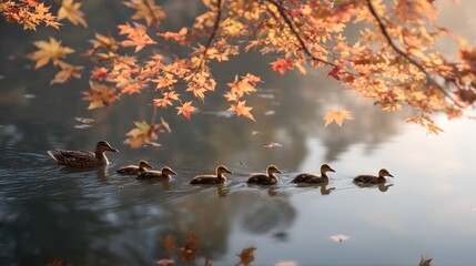 Fototapeta premium A family of ducks gliding through a calm pond with golden autumn leaves reflecting on the water.