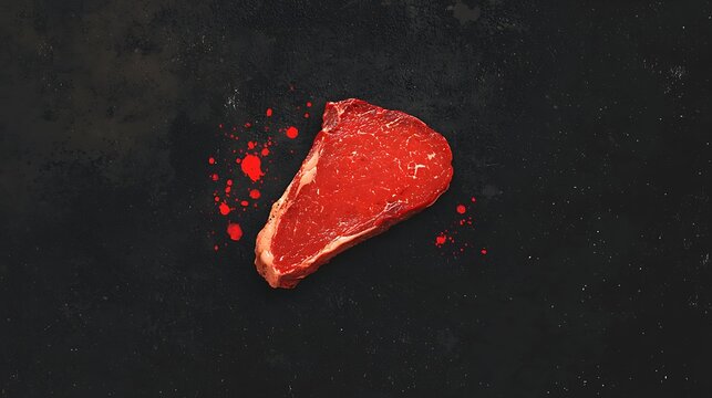 Raw steak slice with red splatter on dark background