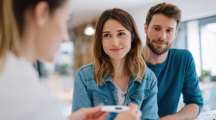 Couple visiting clinic for fertility testing consultation, discussing sperm analysis and hormone check results