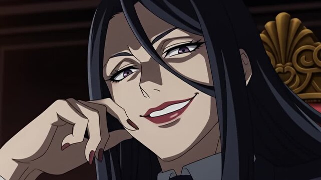 Anime woman with long black hair in a suit, smirking in a throne-like chair