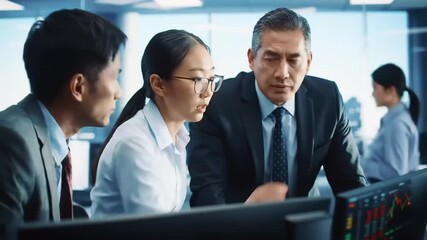 Business professionals analyzing financial data in a modern office environment with cityscape - Powered by Adobe