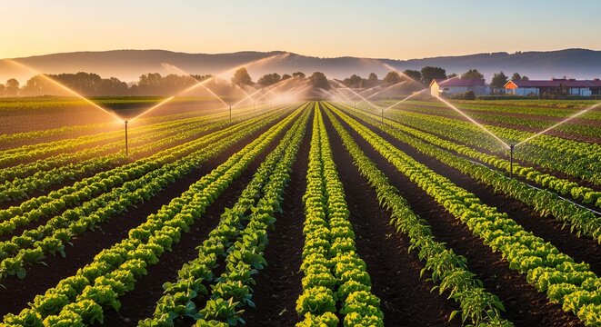 Vast agricultural rows of green vegetable crops being watered by a large sprinkler irrigation system at sunset