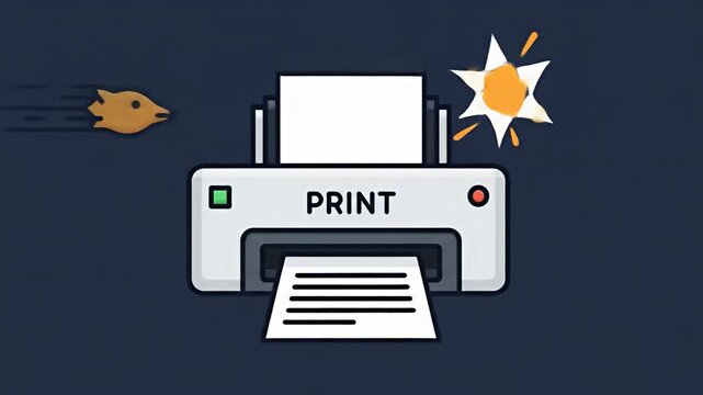 Cartoon printer outputs document, alongside a speeding fish and an explosion