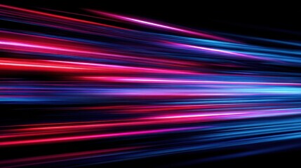 High definition photo of futuristic neon light trails with dynamic motion blur. Abstract background of glowing pink, red, and blue laser streaks representing speed and technology on a.