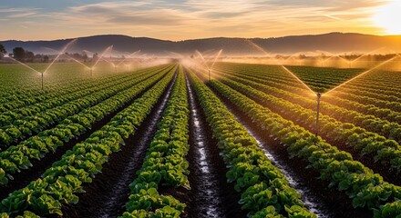 Automated sprinkler irrigation system watering rows of lush green crops on a large farm field during a beautiful sunrise