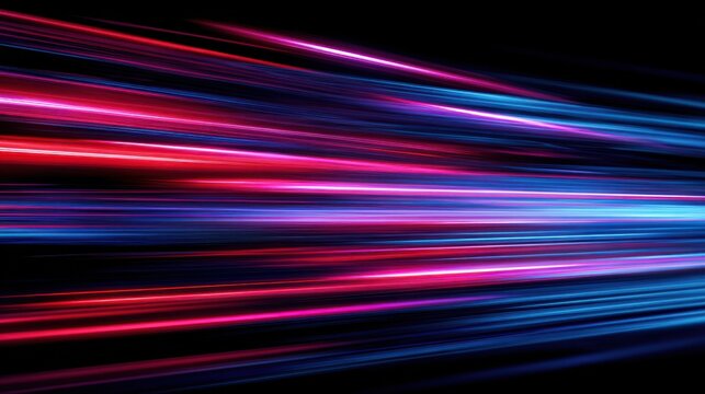 High definition photo of futuristic neon light trails with dynamic motion blur. Abstract background of glowing pink, red, and blue laser streaks representing speed and technology on a.