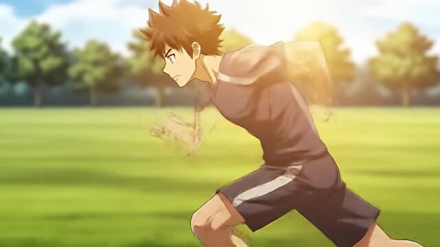 Anime-styled man running across a grassy field on a sunny day, trees in the background