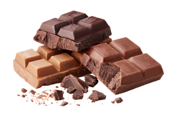 Assorted chocolate bars stacked, broken pieces scattered