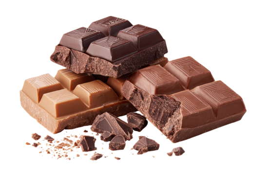 Assorted chocolate bars stacked, broken pieces scattered