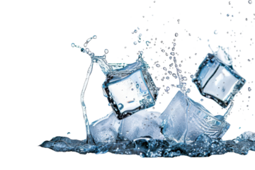Refreshing ice cubes with water splashes, a cool and clean concept