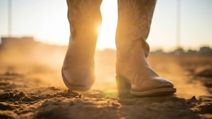 Cowboy boots kicking up dust during sunset at a rodeo event, with a lively crowd in the background