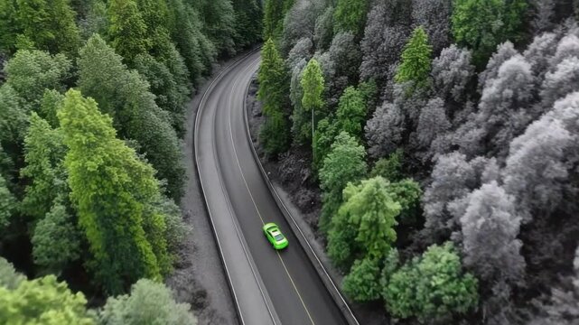 Elektroauto auf Waldstra&szlig;e &ndash; Schwarz-Wei&szlig;-Landschaft verwandelt sich in kr&auml;ftige Farben. K&uuml;nstliche Intelligenz KI