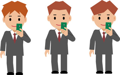 スマホを見るグレースーツの若い男性