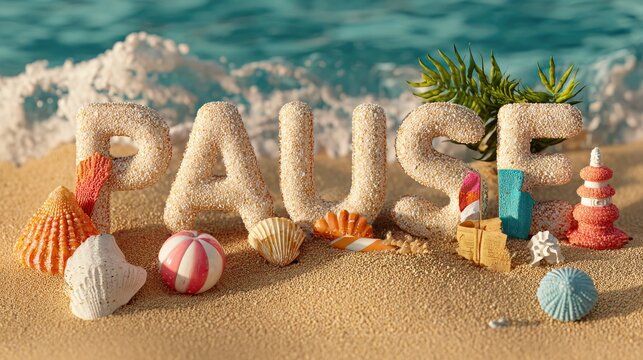 Pause Word with Shells and Beach Items