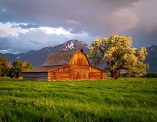 Rustic barn at sunset with mountains