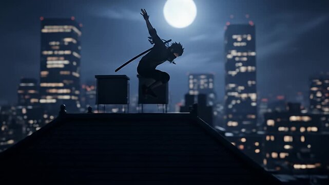 A figure jumps rooftops under a full moon, city lights blurred in the background