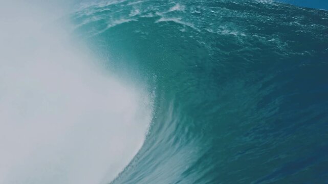 Slow motion barreling wave breaking and splashing, raw natural wonders Open Atlantic sea ocean water