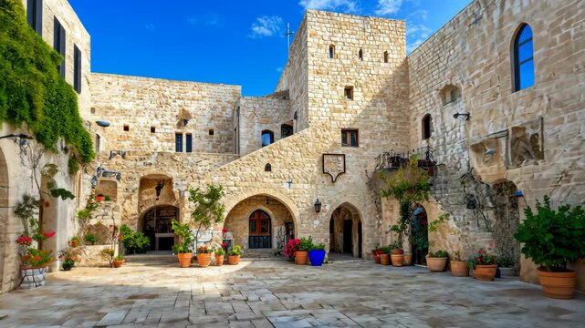 Ancient Mediterranean-style stone courtyard with arched doorways, potted plants, and bright blue sky, evoking cultural heritage.
