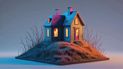 Haunted Hilltop Cottage: Spooky Abandoned House with Glowing Windows at Dusk