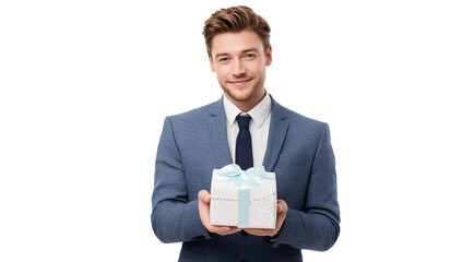 Young, handsome businessman presenting a gift, isolated on a transparent background. PNG file.