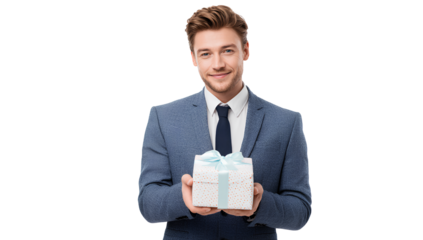 Young, handsome businessman presenting a gift, isolated on a transparent background. PNG file.