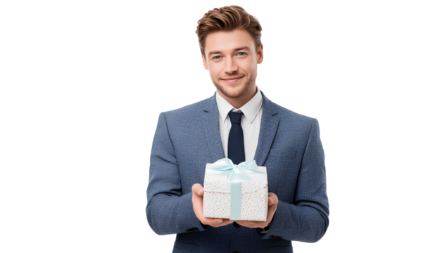  Young, handsome businessman presenting a gift, isolated on a transparent background. PNG file. 