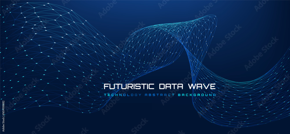 Poster futuristic data wave – flowing abstract digital network background. glowing blue lines and points fo