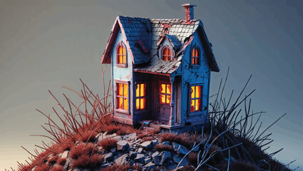 Haunted Hilltop Cottage: Spooky Abandoned House with Glowing Windows at Dusk