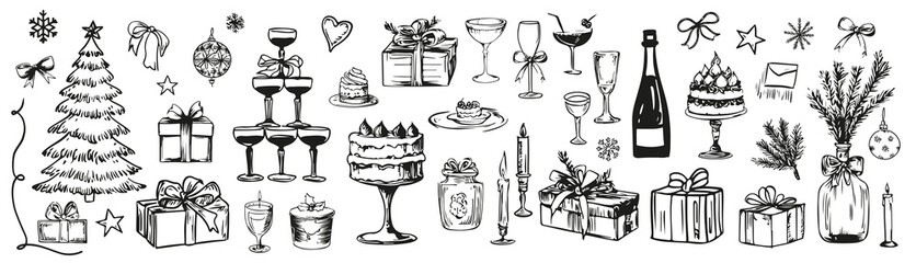 Christmas design. Hand drawn festive food and cozy holiday elements in  crayon sketch style. Vector illustration for seasonal branding, packaging, decor. 