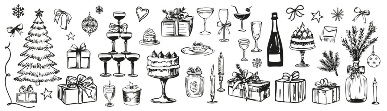 Christmas design. Hand drawn festive food and cozy holiday elements in  crayon sketch style. Vector illustration for seasonal branding, packaging, decor. 