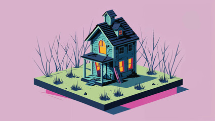 Haunted Hilltop Cottage: Spooky Abandoned House with Glowing Windows at Dusk