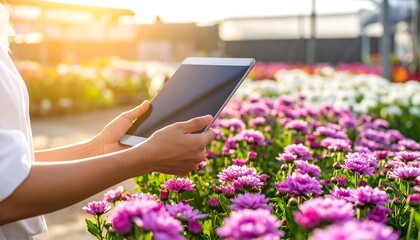 Woman using tablet in flower garden