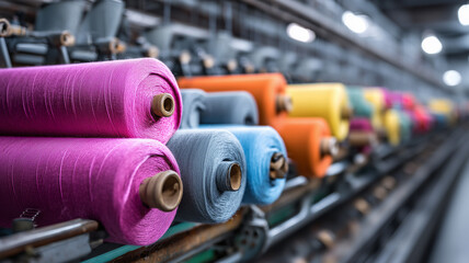 Colored yarn spools on factory conveyor belt