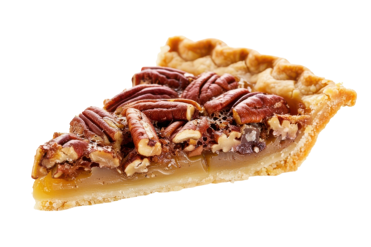 Delicious pecan pie slice, tempting dessert, traditional holiday treat
