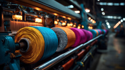 Textile machinery with colorful yarn spools