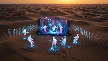 Surreal desert music concert at sunset with live musicians and holographic audience - Powered by Adobe