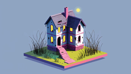 Haunted Hilltop Cottage: Spooky Abandoned House with Glowing Windows at Dusk
